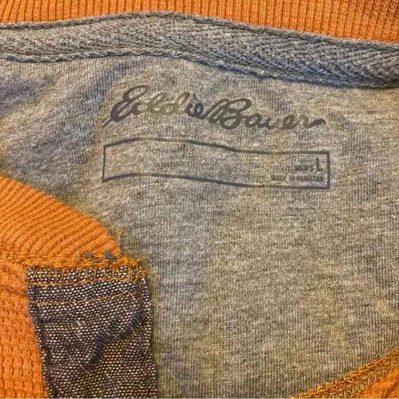 Eddie Bauer Mens L Burnt Orange Mustard Waffle knit 1/4 Button Long Sleeve Shirt - Picture 4 of 10